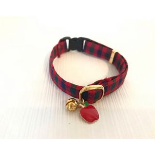 猫　首輪　チェック　りんごチャーム(リード/首輪)