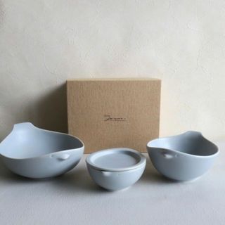 未使用品【美濃焼】ベビー/キッズ 食器 3pcs セット 小鳥 マットグレー(プレート/茶碗)