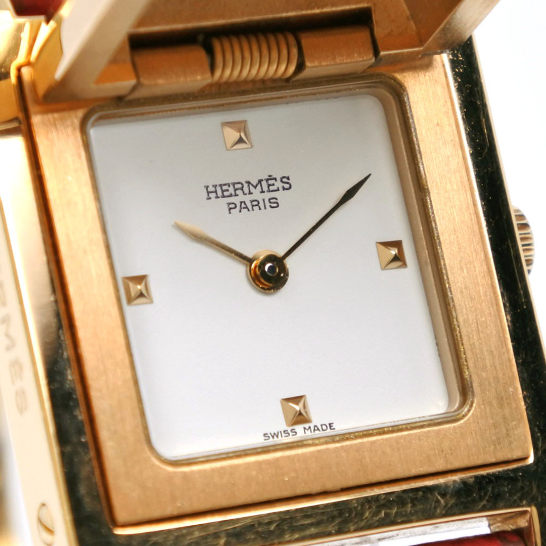 【HERMES】エルメス メドール 金メッキ×レザー 赤 クオーツ アナログ表示 レディース 白文字盤 腕時計