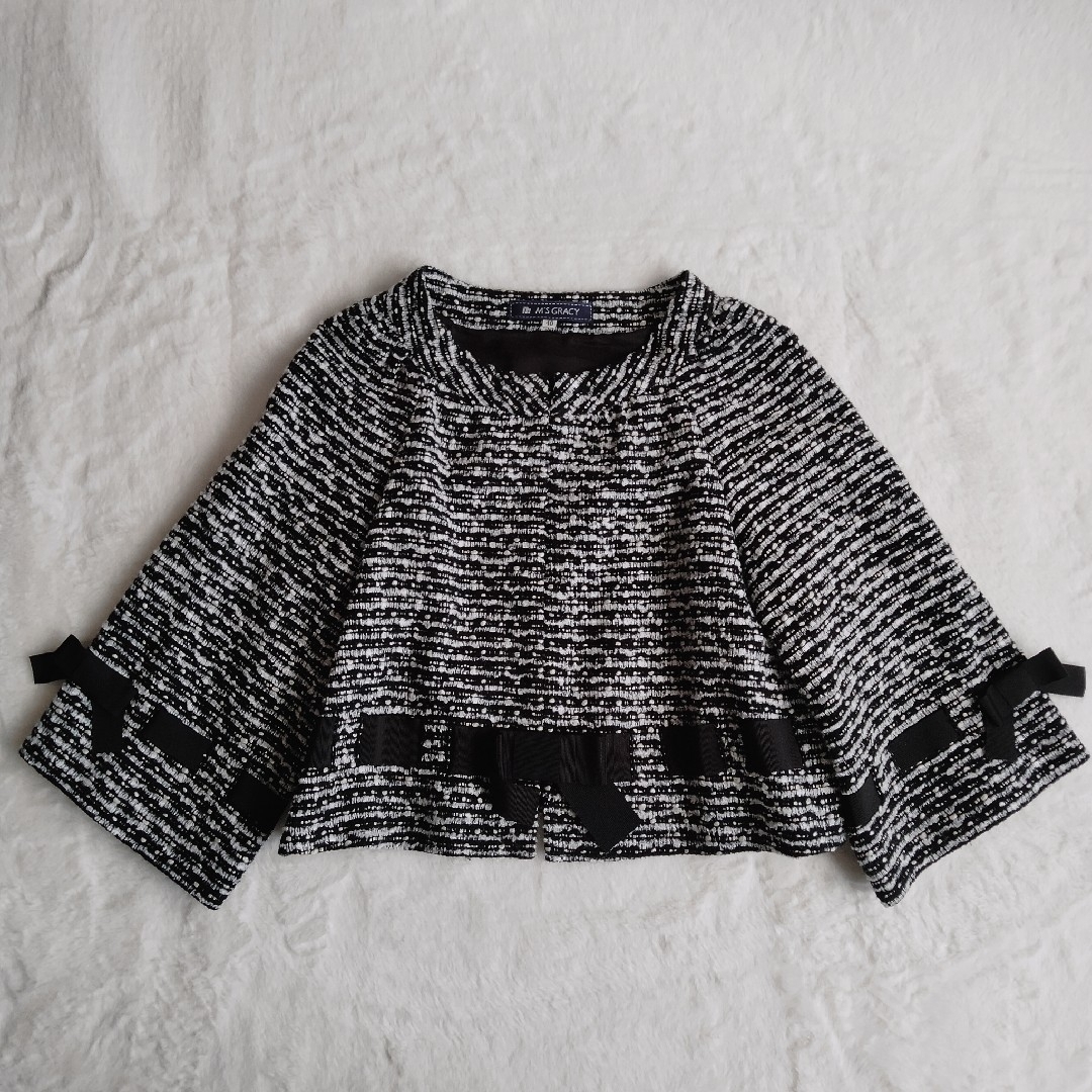 【美品】 M’S GRACY セットアップ ノーカラー ツイード リボン 40