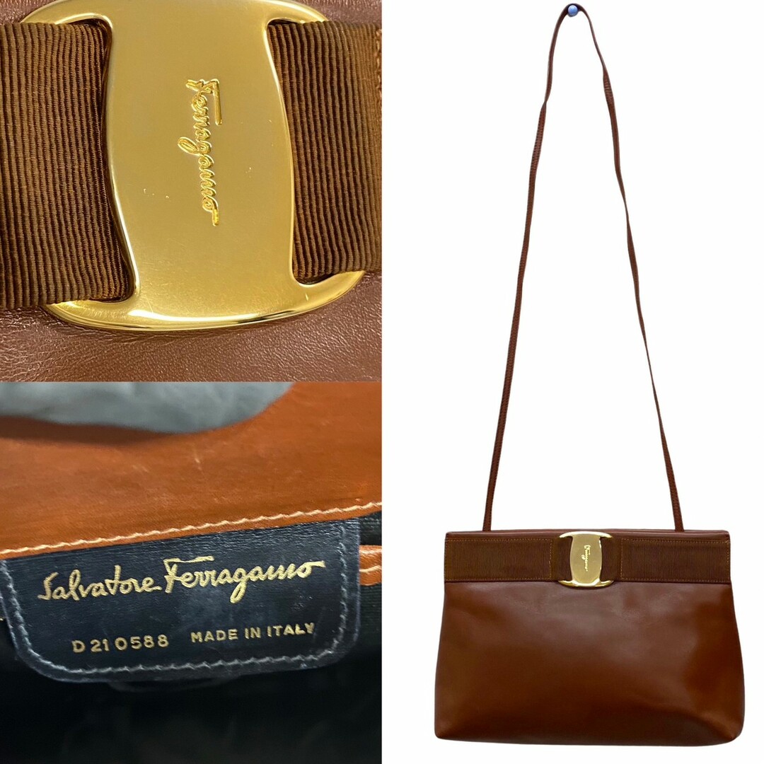 極 美品 Salvatore Ferragamo サルヴァトーレフェラガモ ヴァラ 金具 ロゴ レザー 本革 ショルダーバッグ ポシェット ブラウン 34877