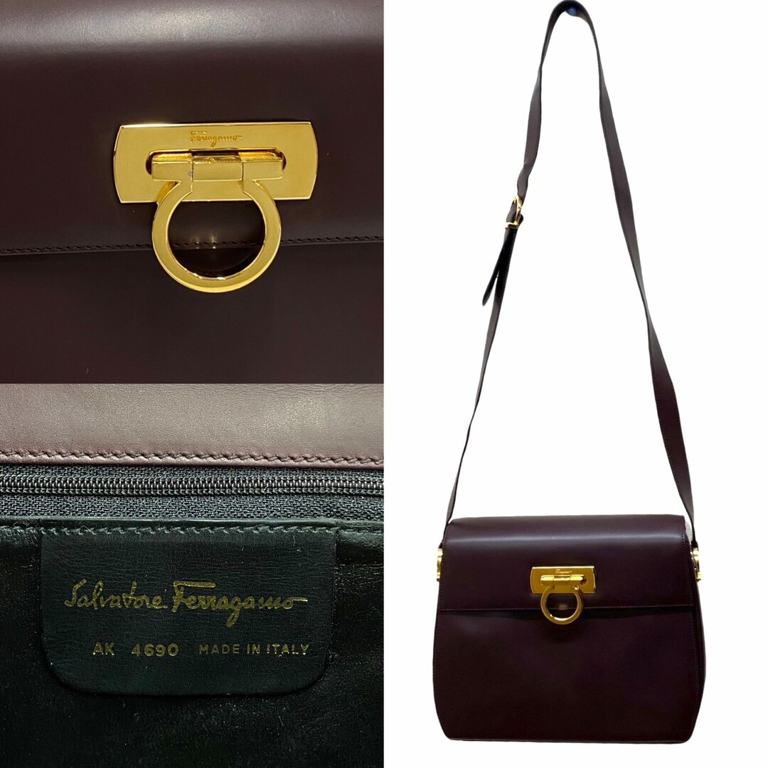 極 美品 Salvatore Ferragamo フェラガモ ガンチーニ ロゴ 金具 レザー 本革 ミニ ショルダーバッグ ポシェット バーガンディ 68271