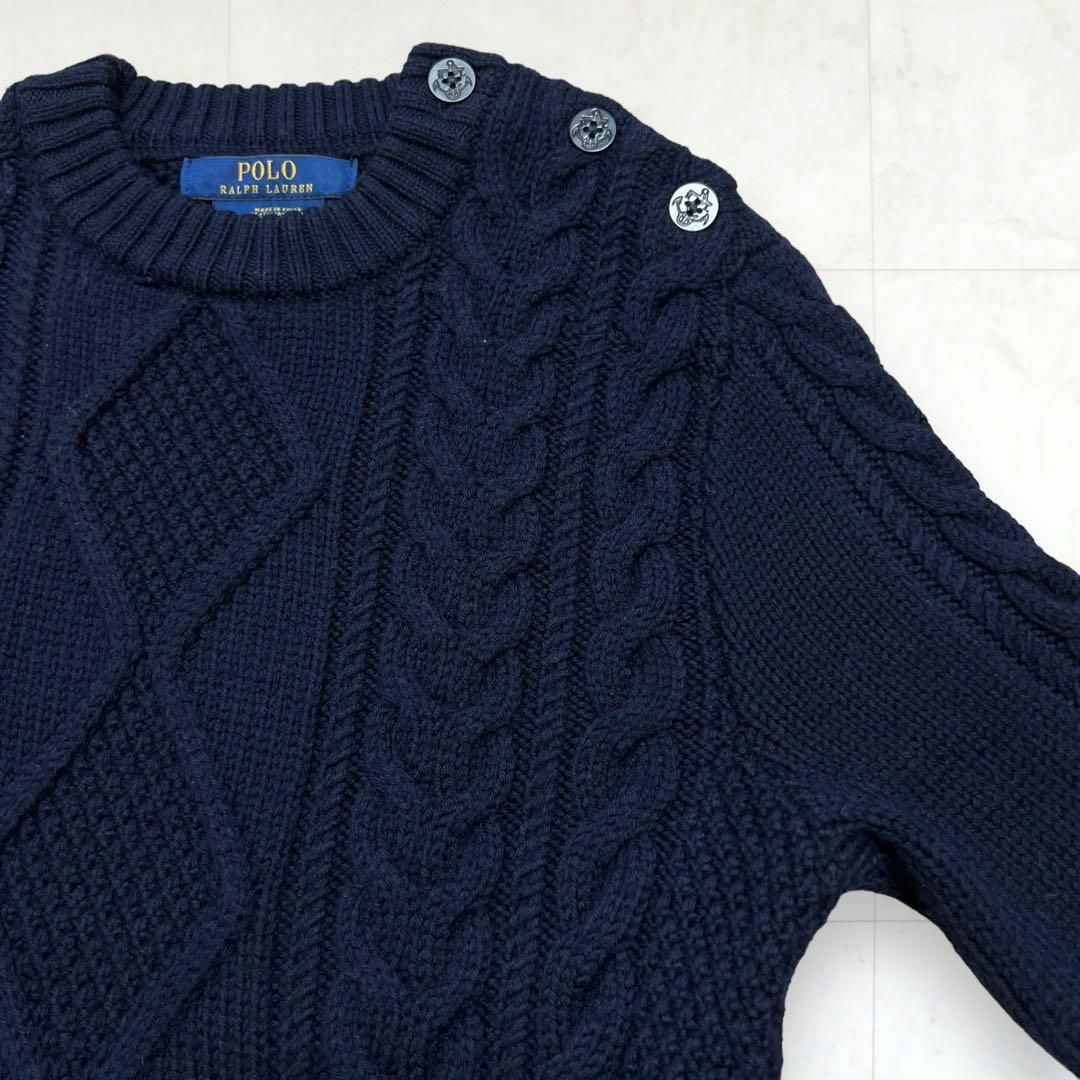 POLO RALPH LAUREN(ポロラルフローレン)の美品＊ポロラルフローレン 肩ボタン ケーブル編み ロングニットワンピース 紺 レディースのワンピース(ロングワンピース/マキシワンピース)の商品写真