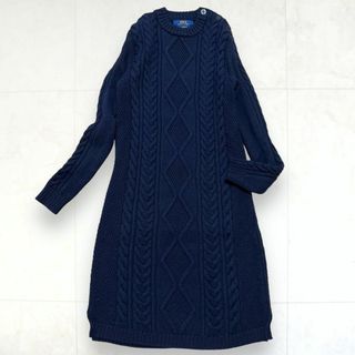 ポロラルフローレン(POLO RALPH LAUREN)の美品＊ポロラルフローレン 肩ボタン ケーブル編み ロングニットワンピース 紺(ロングワンピース/マキシワンピース)