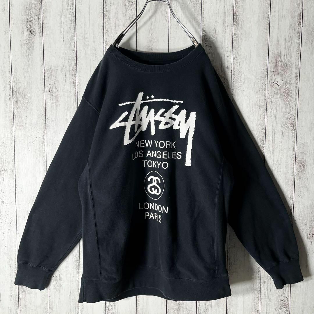 STUSSY　スウェットトレーナー　XL　グリーン　両面プリント　ワールドツアー