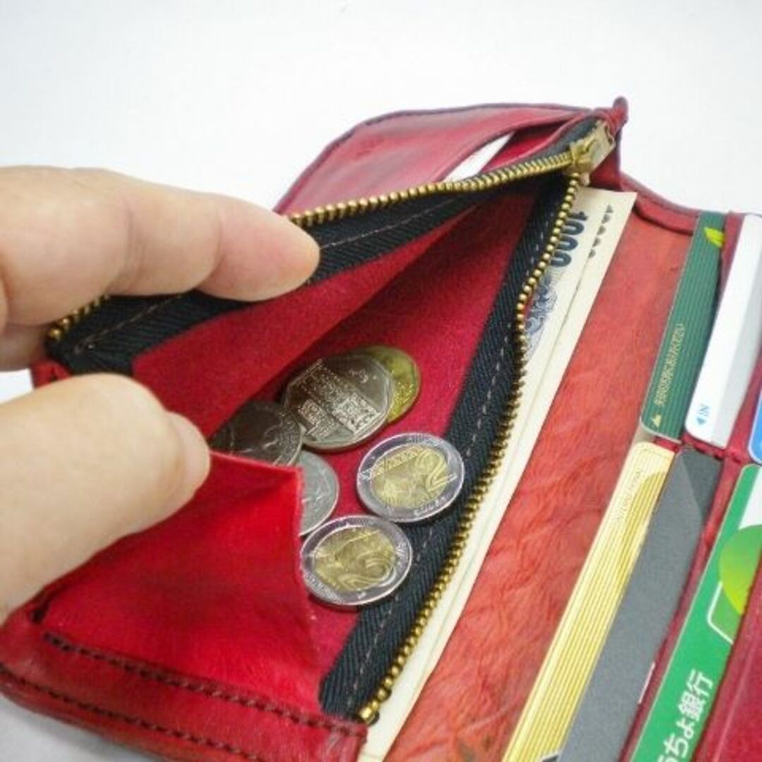 新品 牛革 本革 長財布 メッシュ ビンテージ仕上げ 日本製 レッド 赤色  メンズのファッション小物(長財布)の商品写真