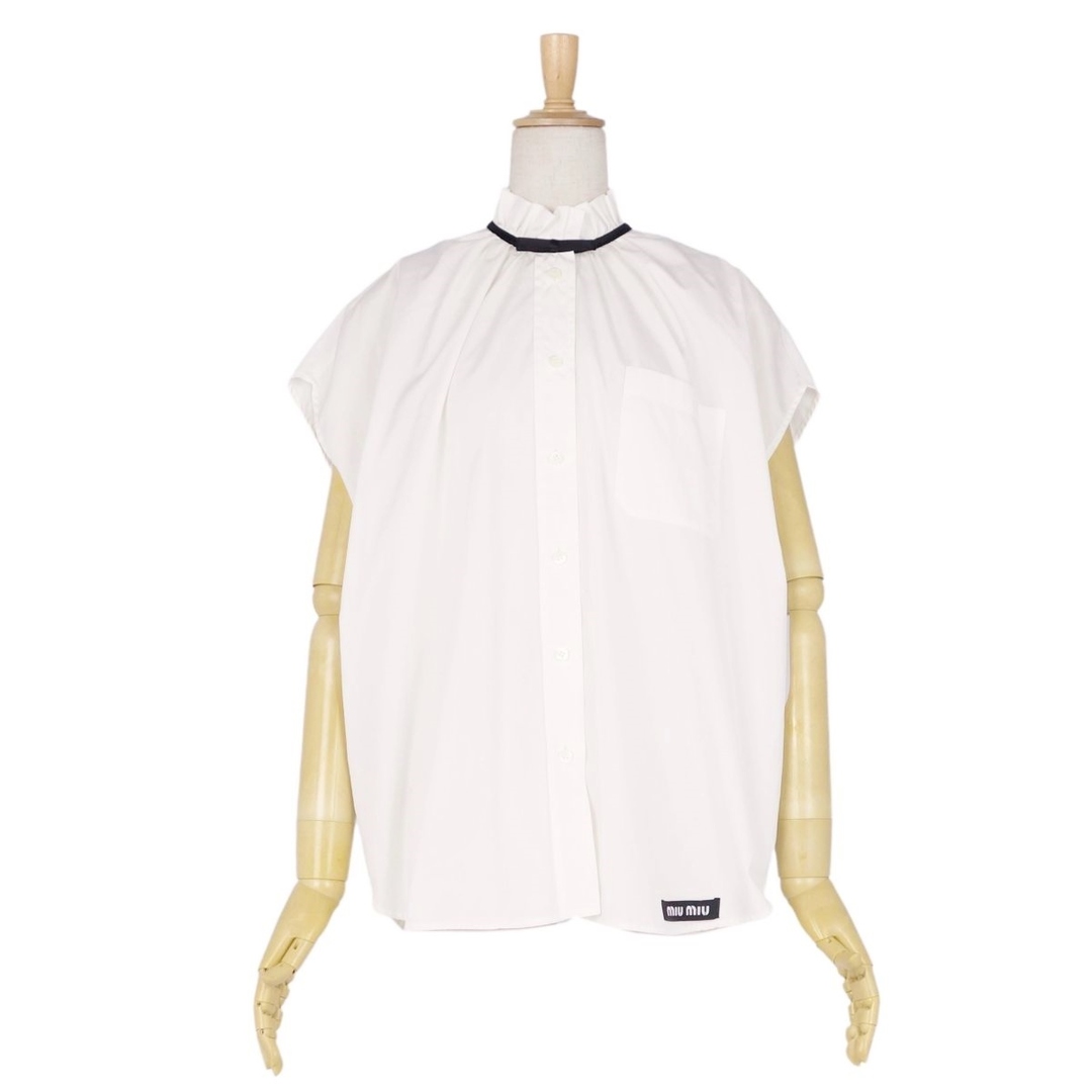 miumiu(ミュウミュウ)のミュウミュウ miumiu シャツ ブラウス フレンチスリーブ 無地 リボン トップス レディース 36(S相当) ホワイト レディースのトップス(シャツ/ブラウス(半袖/袖なし))の商品写真