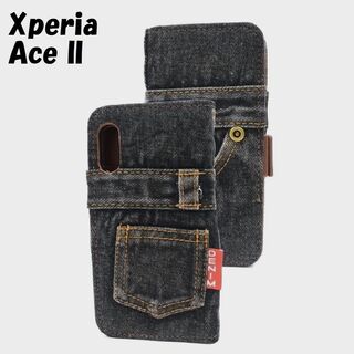 エクスペリア(Xperia)のXperia Ace II：ウォッシュ ダメージ デニム 手帳型ケース★ブラック(Androidケース)