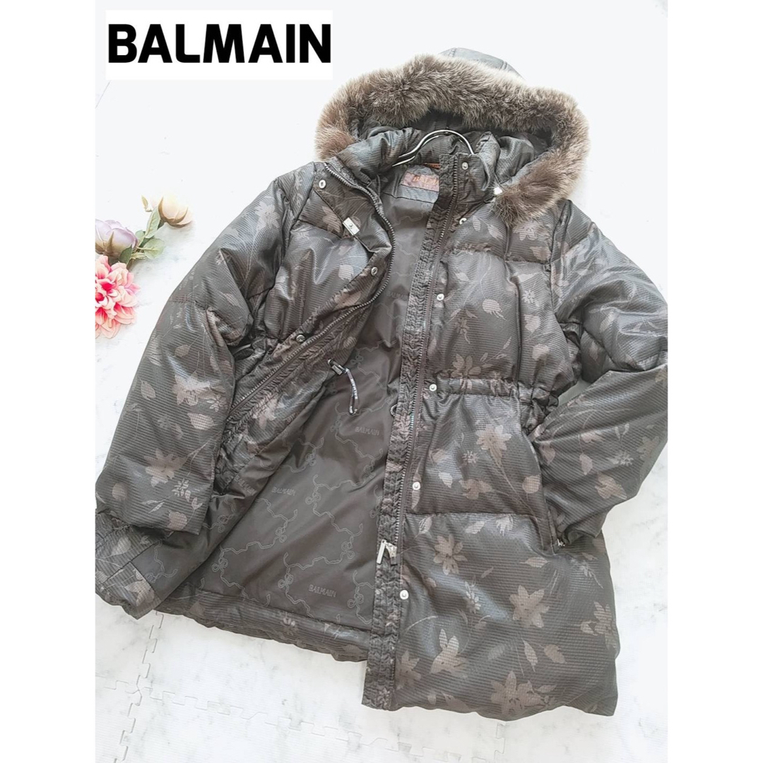 BALMAIN  ダウンコート  フード取り外し可 ブルーフォックスファー総柄