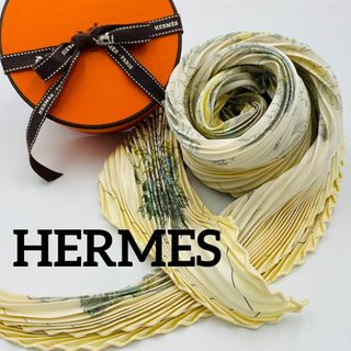 極美品 ★HELMES★ プリーツスカーフ 花 シルク イエロー 箱・リボン付