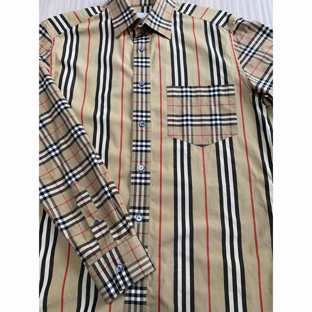 BURBERRY チェックストライプコットンストレッチポプリンシャツ-