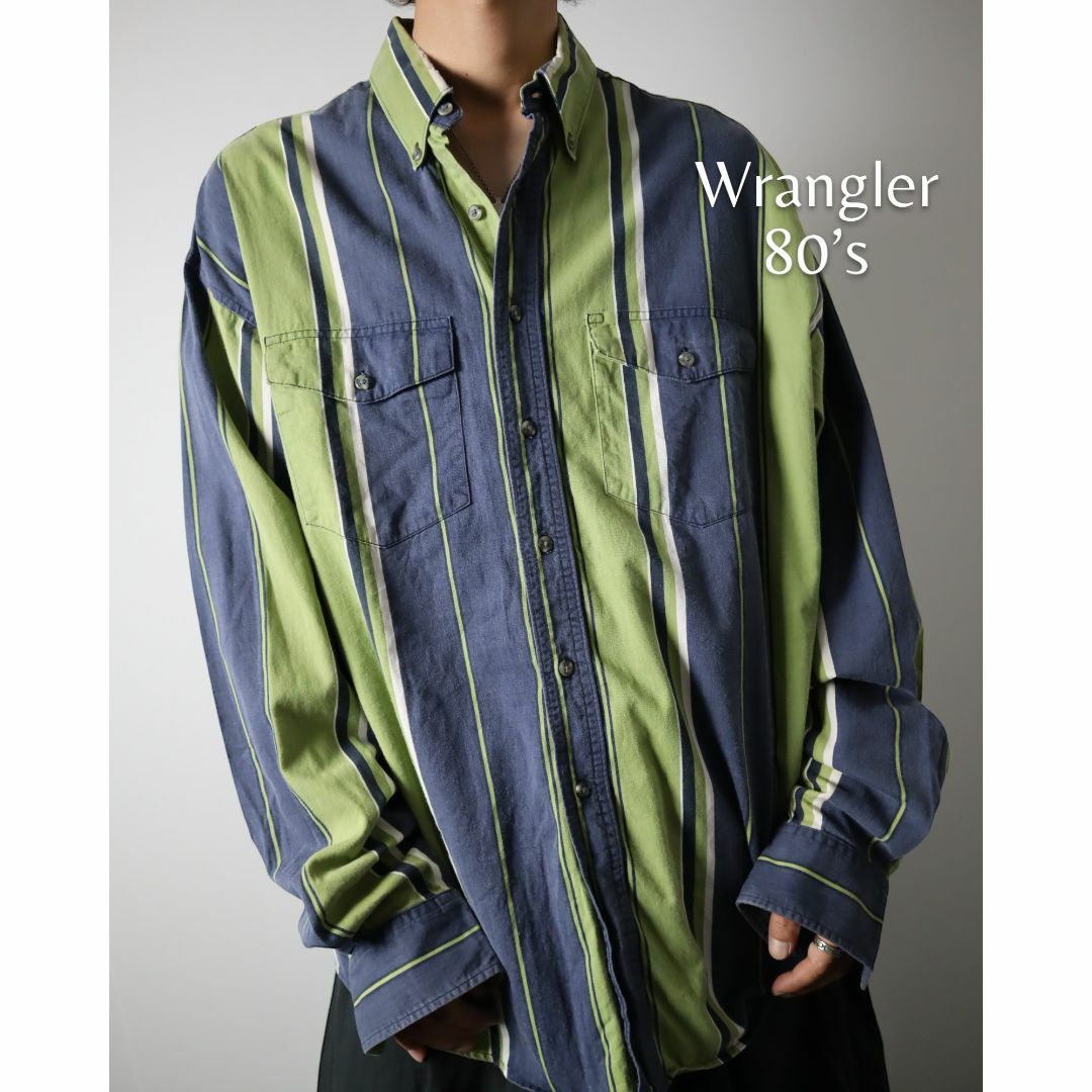 【Wrangler】80s 太ストライプ ボタンダウン ウエスタン 長袖シャツ古着屋arie✿S298