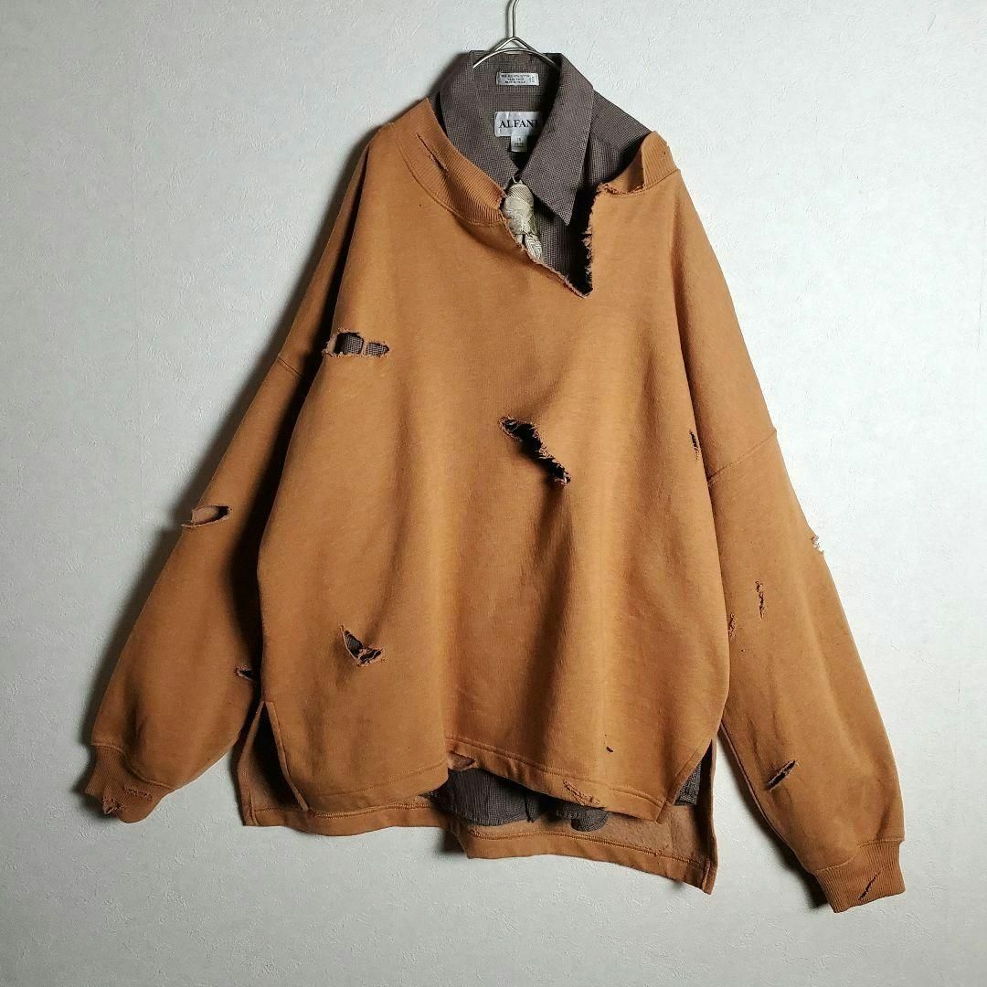 ネクタイシャツ×ボロスウェット テラコッタ 茶橙 柄ネクタイ 古着】-