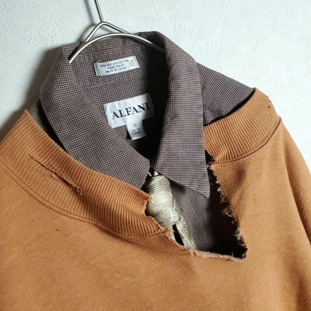 【ネクタイシャツ×ボロスウェット ブラウン オレンジ 茶橙 柄ネクタイ 古着】