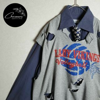ネクタイシャツ×ボロベスト ブルー 青 リメイク ダメージ加工 古着 ②