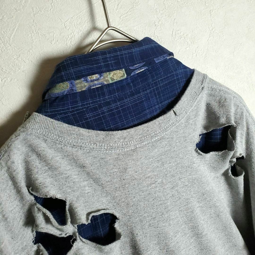 ネクタイシャツ×ボロベスト ブルー 青 リメイク ダメージ加工 古着 ③-