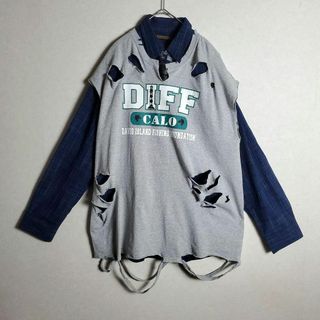 ネクタイシャツ×ボロベスト ブルー 青 リメイク ダメージ加工 古着 ③