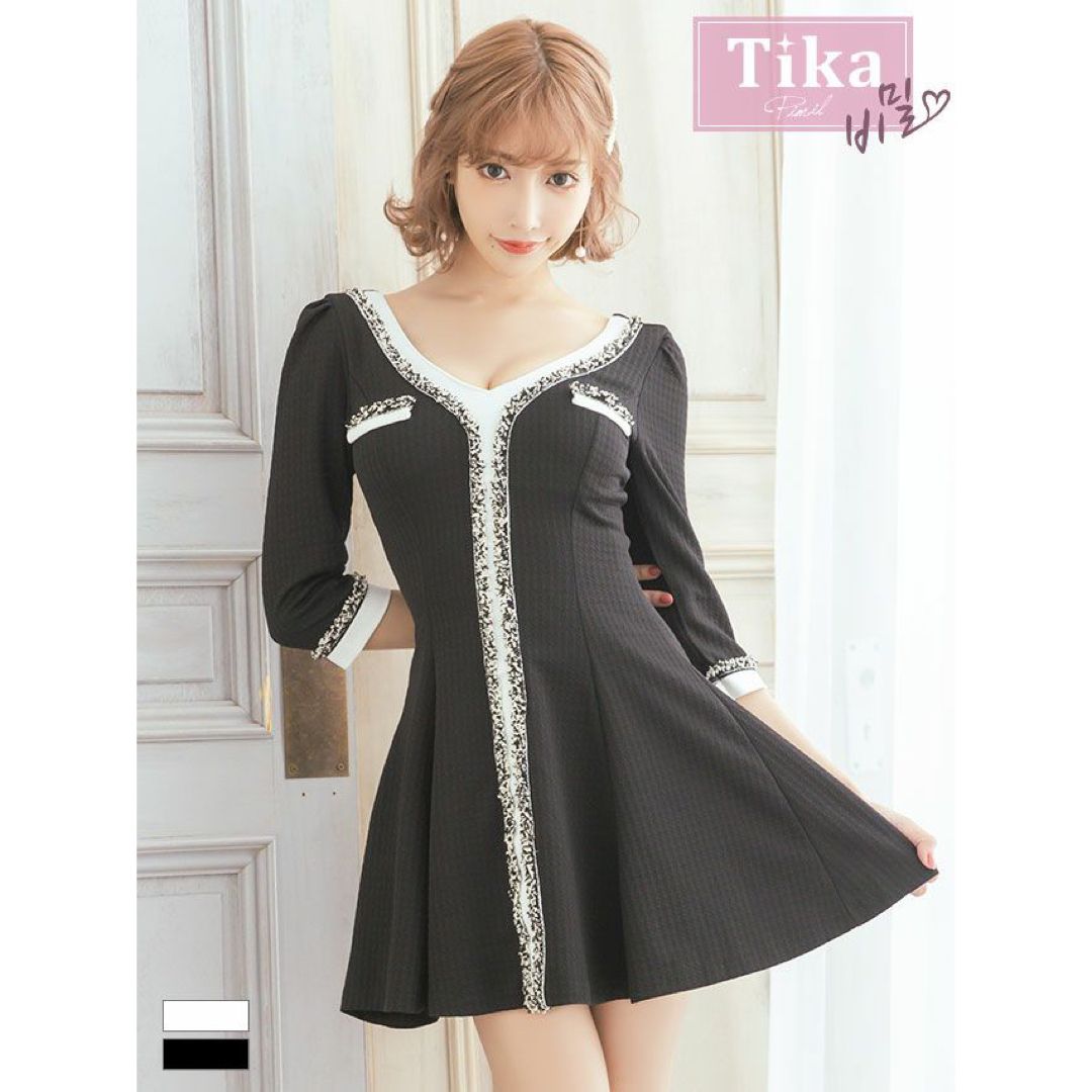 美ライン韓国ドレス*Tika*デザインツイード切替フレアドレスwhM