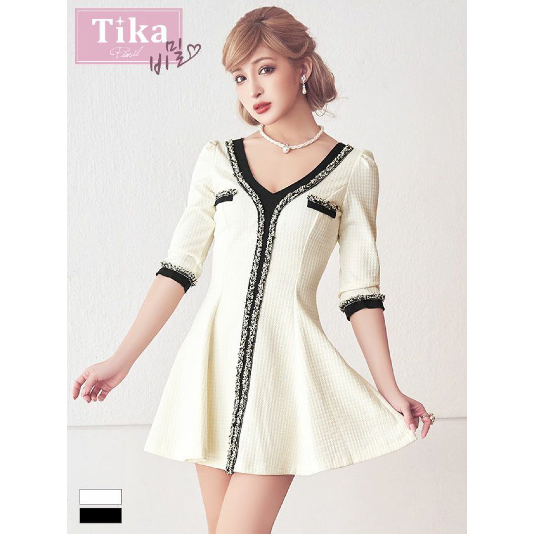 美ライン韓国ドレス*Tika*デザインツイード切替フレアドレスwhM