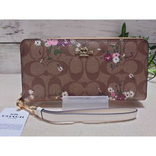 COACH コーチ ストラップ付き　長財布　ネイビー　フラワー　花柄