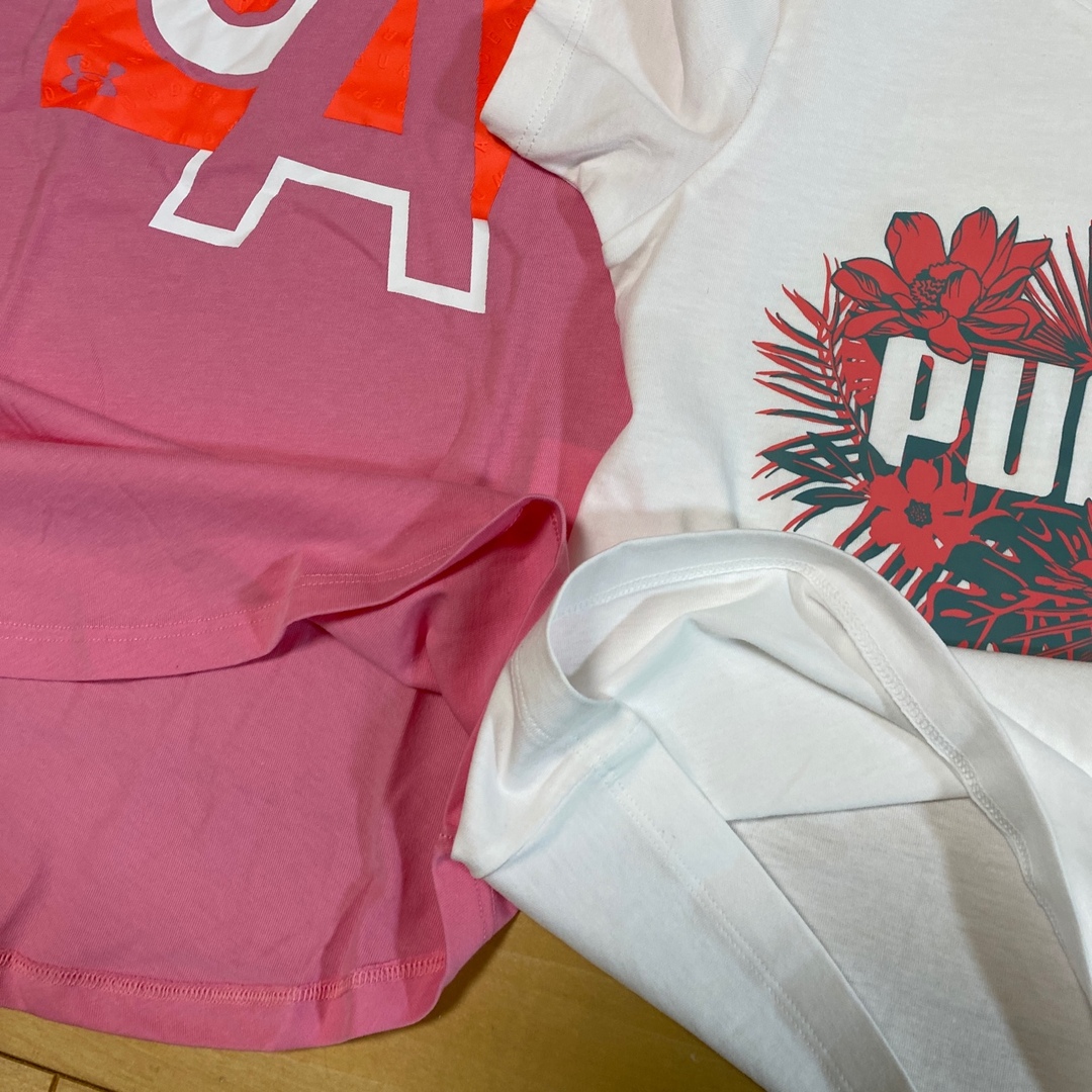 PUMA(プーマ)の新品　プーマ　アンダーアーマー　半袖　Ｔシャツ　140  ホワイト　ピンク キッズ/ベビー/マタニティのキッズ服女の子用(90cm~)(Tシャツ/カットソー)の商品写真