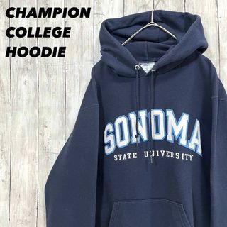 チャンピオン(Champion)のアメリカ古着CHAMPION アーチロゴ切文字刺繍スエットパーカー　S ネイビー(パーカー)