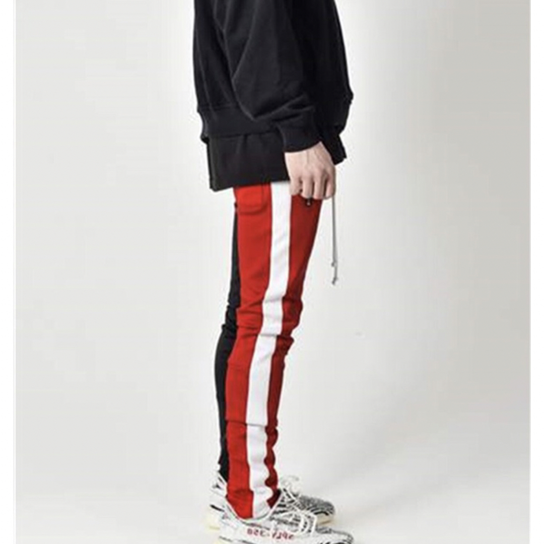ツートーン ライン パンツ テーパードパンツ ブラック×レッド  Lサイズ メンズのパンツ(スラックス)の商品写真