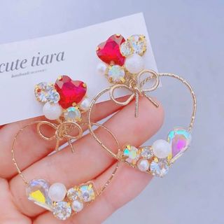 限定❤️秋冬❤️赤ハート×キラキラフープピアスイヤリング(ピアス)