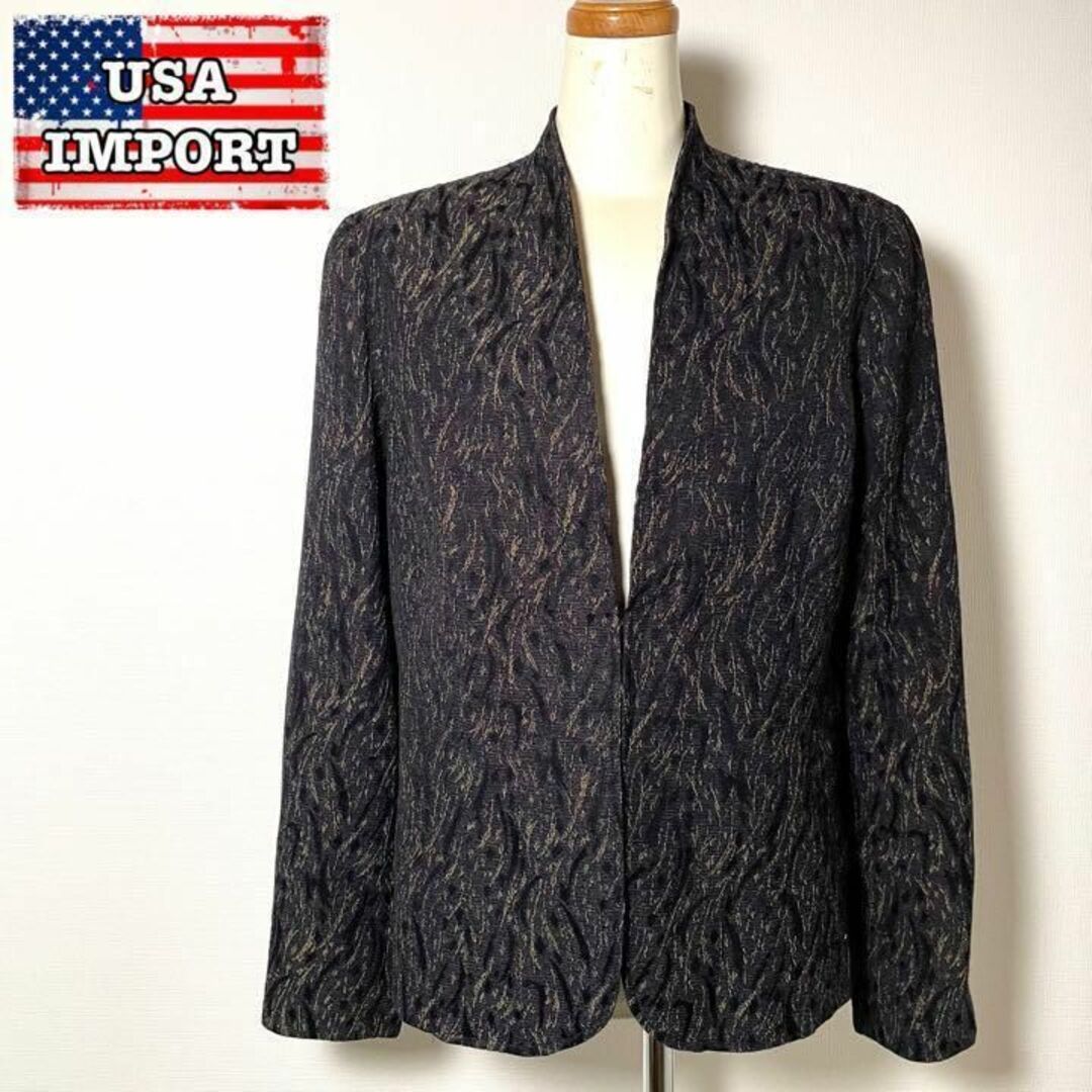 アメリカ古着❗️】超美品!総柄ノーカラージャケット ネイビー紺色