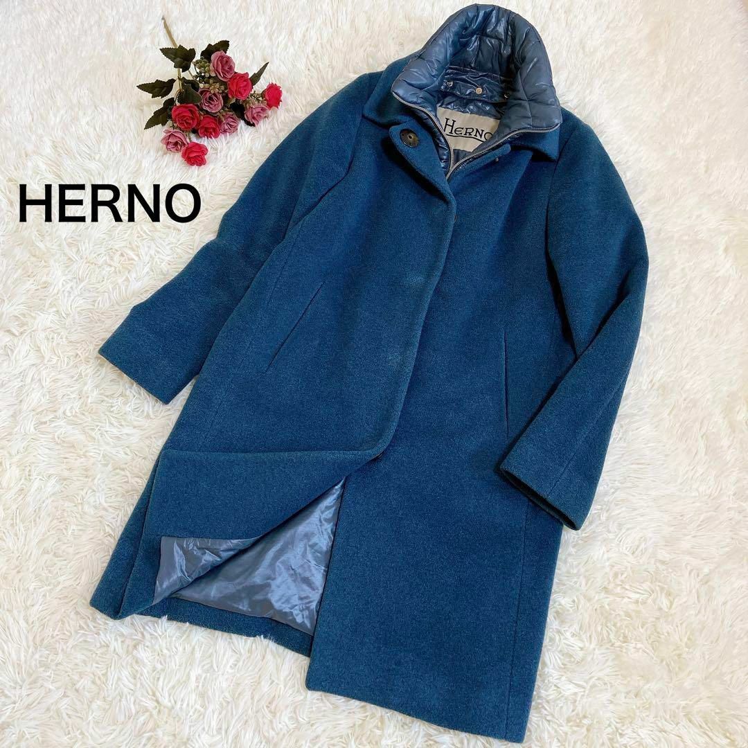 希少☆HERNO ヘルノ 異素材切り替え ロングコート ウール アンゴラ