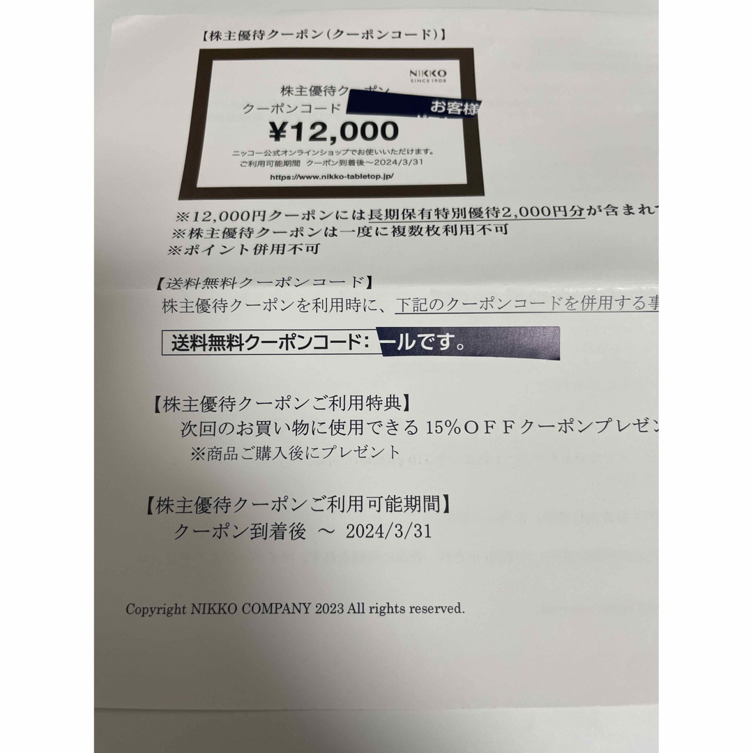 ニッコー 株主優待 12000円 クーポン券