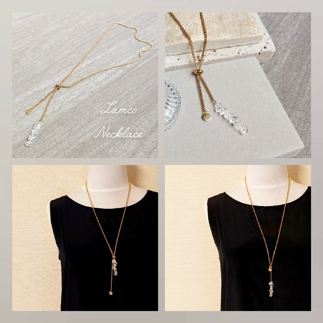 ゴールド スライダー 天然石 クリスタル 水晶 ステンレス ネックレス さざれ レディースのアクセサリー(ネックレス)の商品写真