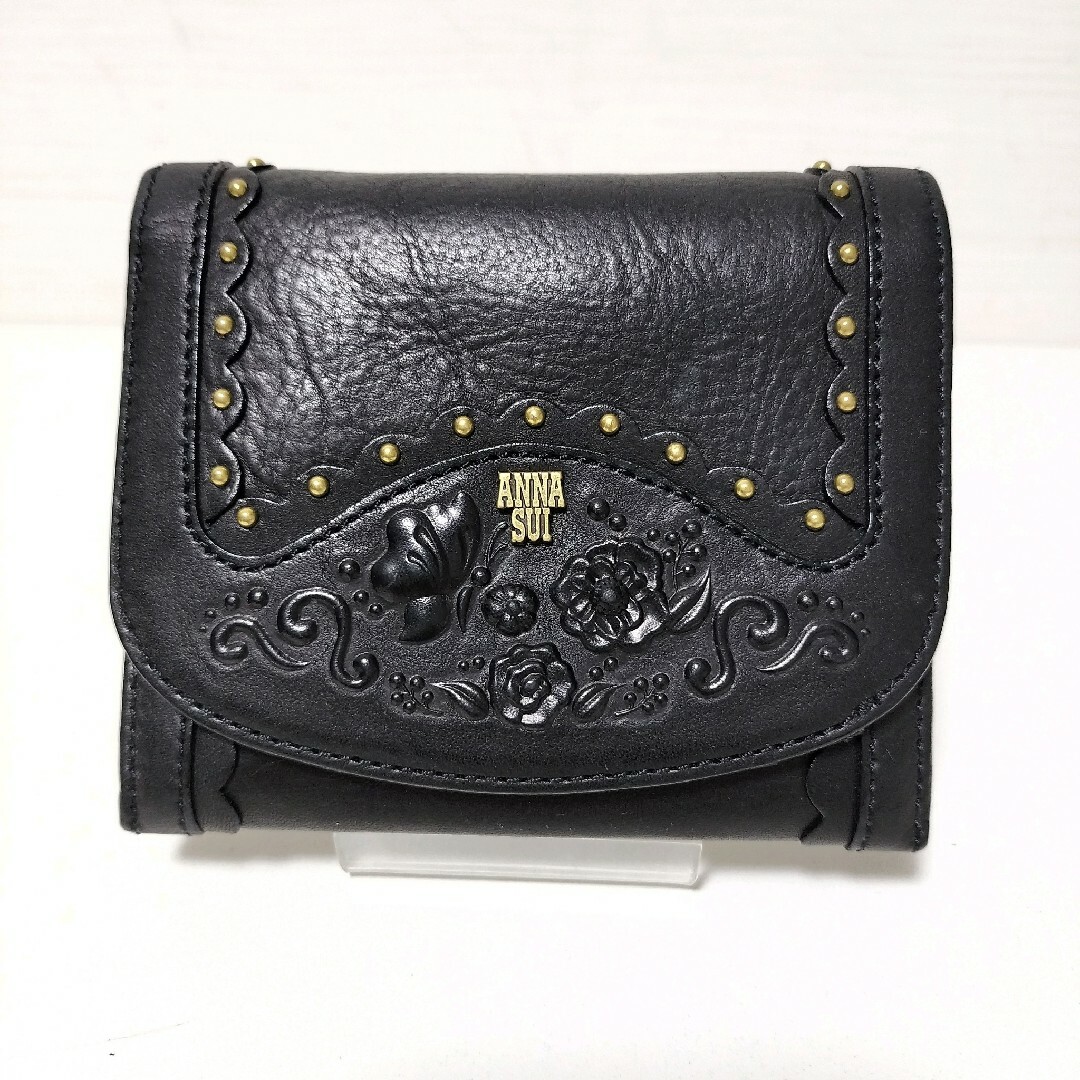 【美品】ANNA SUI アナスイ 3つ折り財布 ブラック 本革レザー