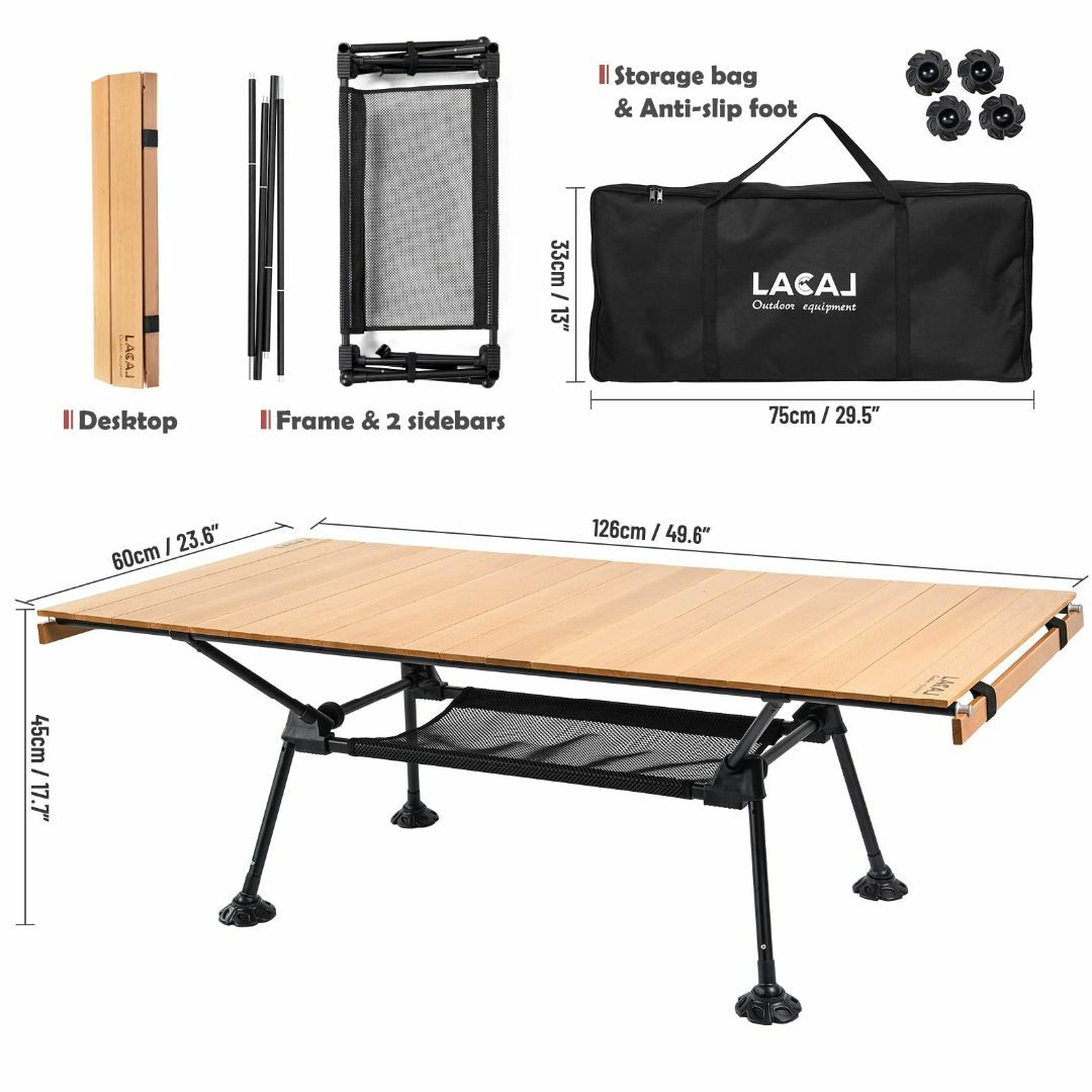 LACAL アウトドアテーブル ロールテーブル キャンプテーブル 3階段高さ調整