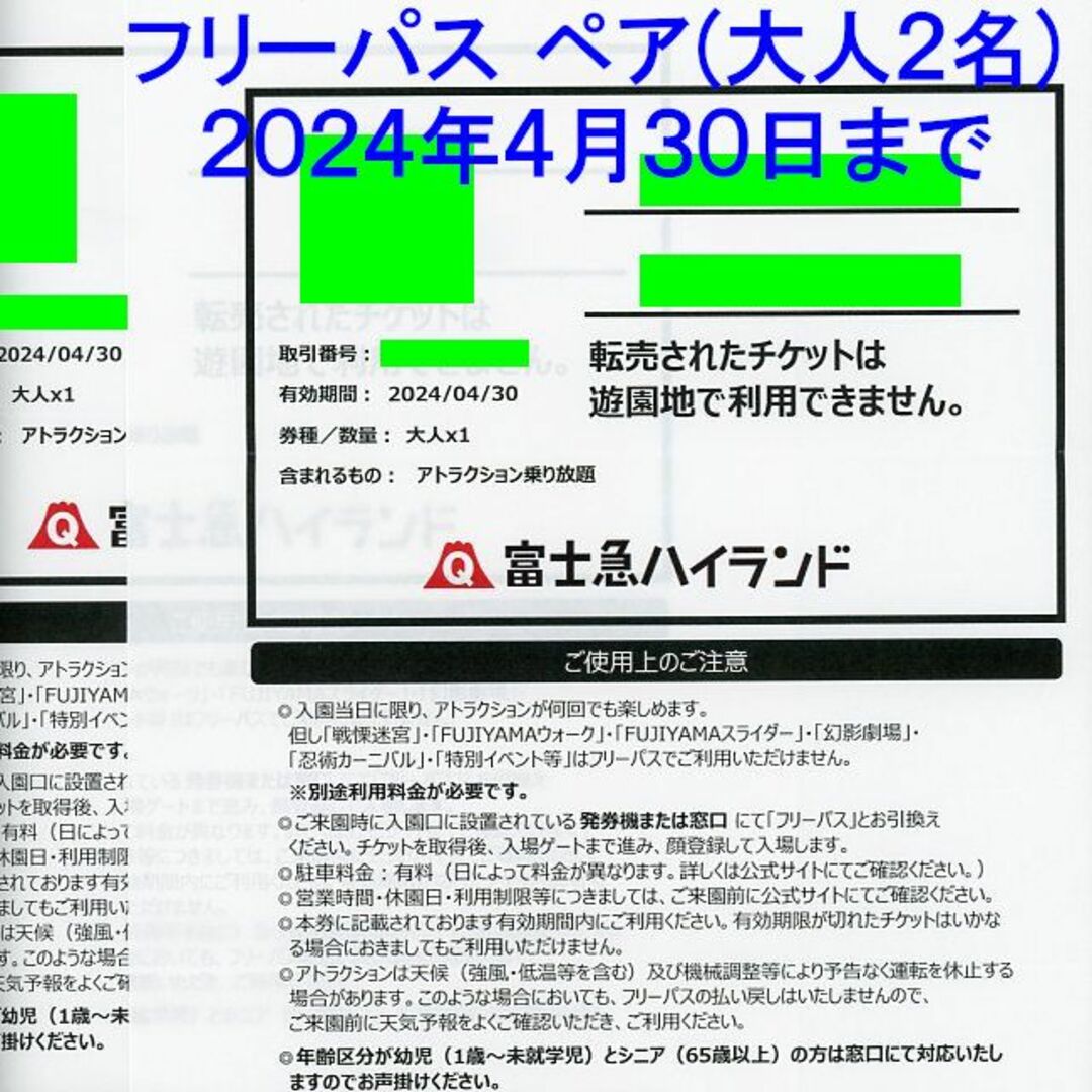 富士急ハイランド フリーパス ペアチケット(大人2名) 引換券の通販 by