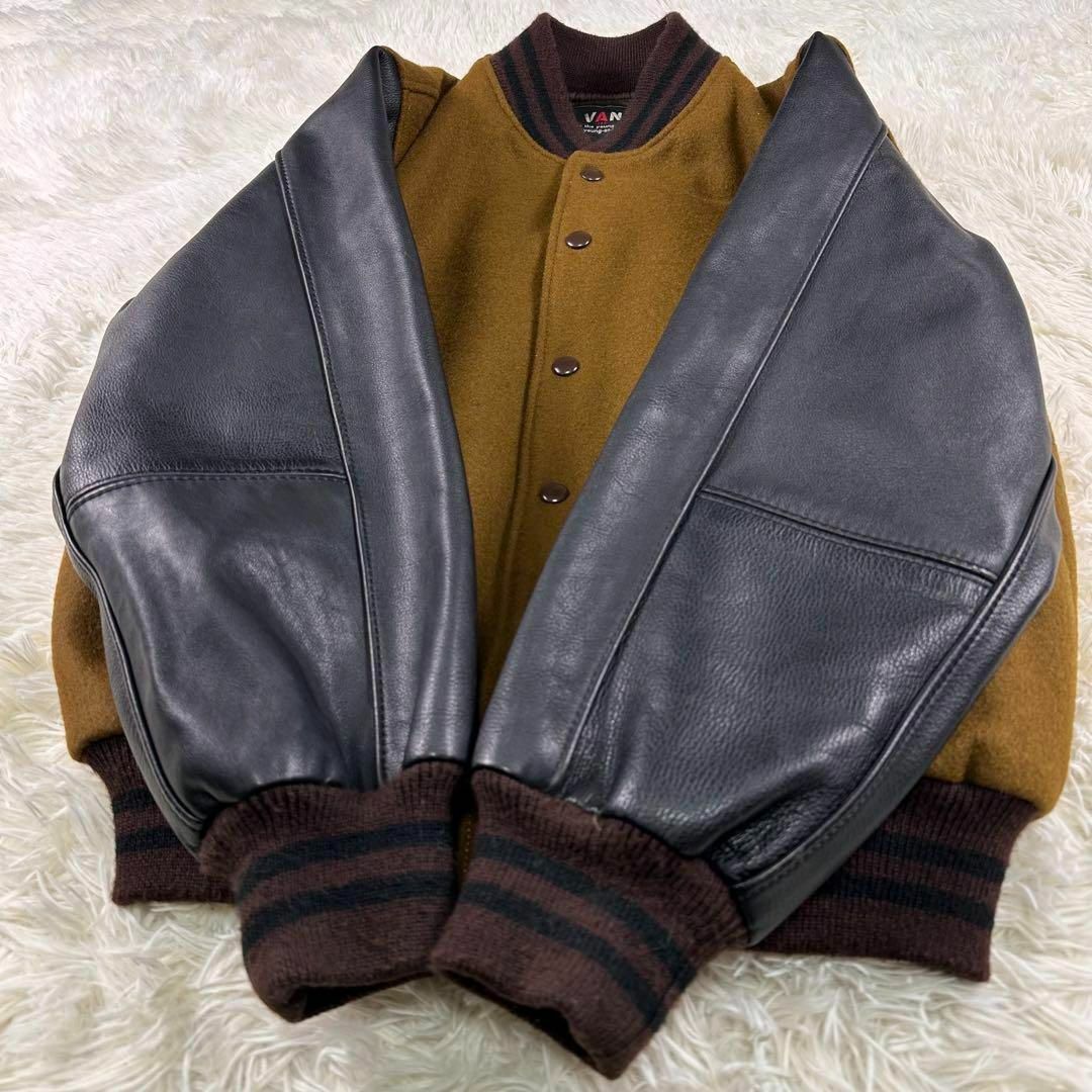 激レア】VAN JACKET スタジャン 黒×茶 袖レザー M-