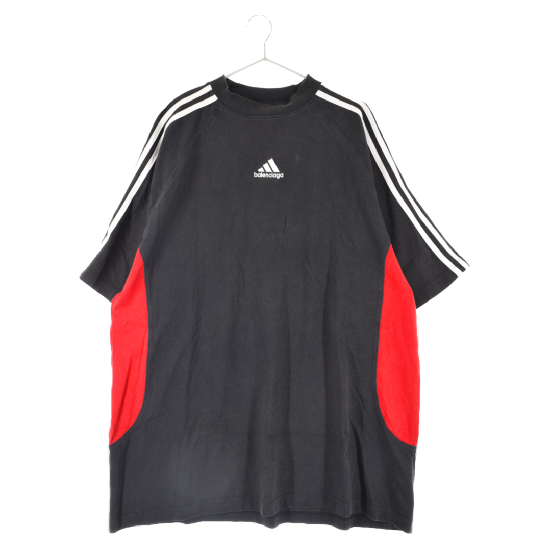 BALENCIAGA バレンシアガ ×adidas ユーズド加工ロゴ刺繍半袖Tシャツ クルーネックカットソー ブラック/レッド 724554 TNVA6