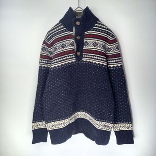 トミーヒルフィガー(TOMMY HILFIGER)のトミー　ハーフボタン　ラムウールセーター　ノルディック柄　ネイビー　S/P(ニット/セーター)