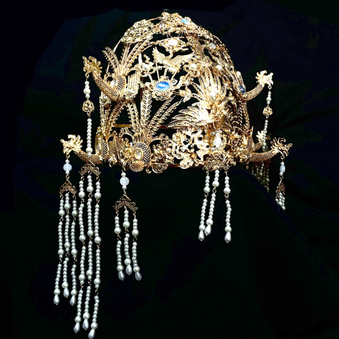 真珠九鳳凰冠簪　鳳冠 白金色髪飾り3点セット　中国伝統衣装　結婚式　漢服着物和服