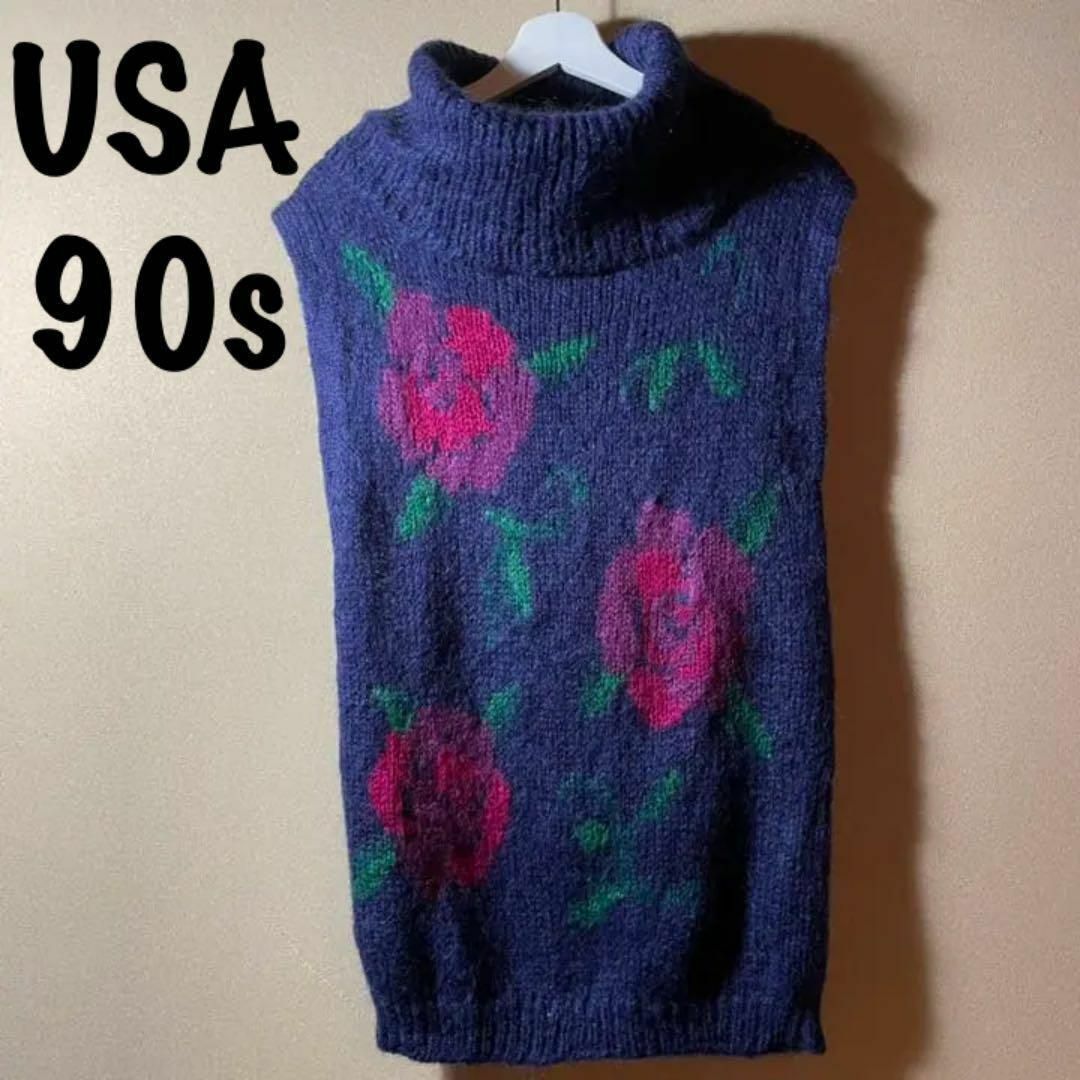 90s【VINTAGE】アメリカ古着　ニットセーター花柄　バラ柄　ノースリーブ レディースのトップス(ニット/セーター)の商品写真