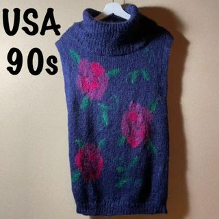 90s【VINTAGE】アメリカ古着　ニットセーター花柄　バラ柄　ノースリーブ(ニット/セーター)