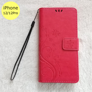 蝶 手帳型 iPhone12/12Pro iPhoneケース ローズレッド(iPhoneケース)