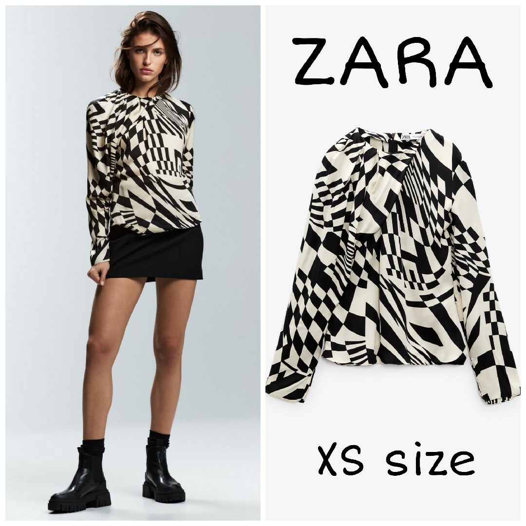 ZARA(ザラ)のZARA　プリーツ入りプリント地ブラウス　XSサイズ レディースのトップス(シャツ/ブラウス(長袖/七分))の商品写真