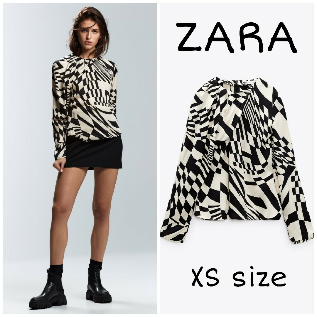 ZARA - ZARA プリーツ入りプリント地ブラウス XSサイズの通販 by ...