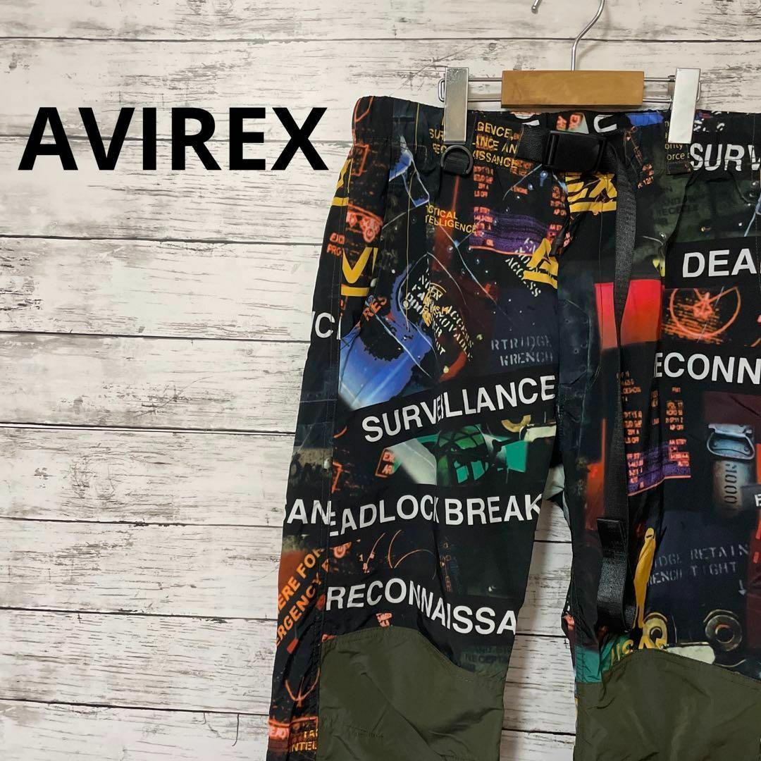 AVIREX 総柄ナイロンパンツ ダブルニー 英字 デジタルプリント 激レア