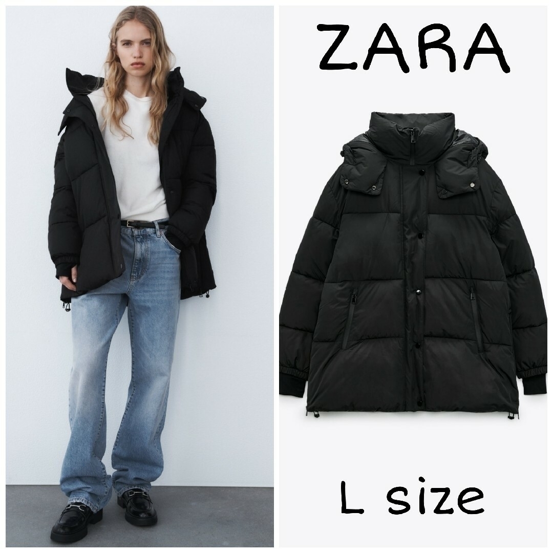 約64cm肩幅ZARA　フード付きキルティングジャケット　Lサイズ　ブラック