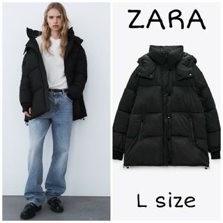 ザラ(ZARA)のZARA　フード付きキルティングジャケット　Lサイズ　ブラック(ダウンジャケット)