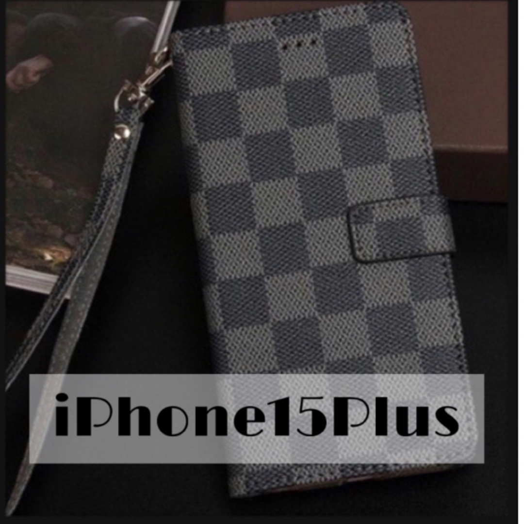 チェック柄 手帳型 iPhoneケース iPhone15Plus ブラック スマホ/家電/カメラのスマホアクセサリー(iPhoneケース)の商品写真