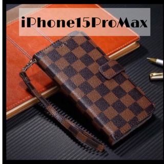 チェック柄 手帳型 iPhoneケース iPhone15ProMax ブラウン(iPhoneケース)