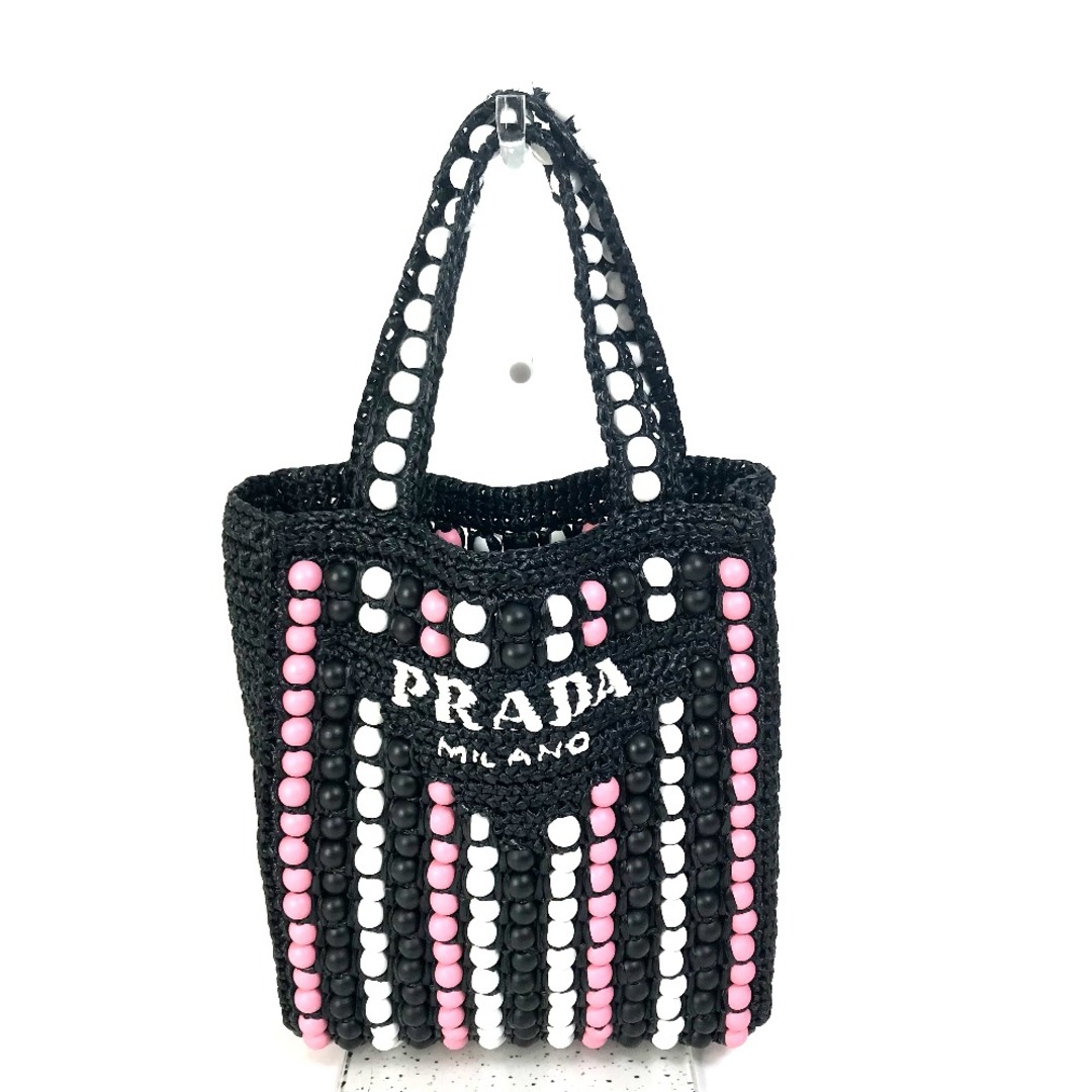 PRADA(プラダ)のプラダ PRADA ラフィア ウッドビーズ 1BG425 カバン ハンドバッグ トートバッグ ラフィア ブラック×ピンク×ホワイト 美品 レディースのバッグ(トートバッグ)の商品写真